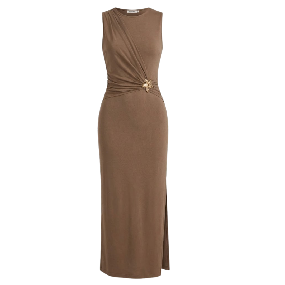 SHEIN Round Neck Waist Metal Decor Pleated Dress