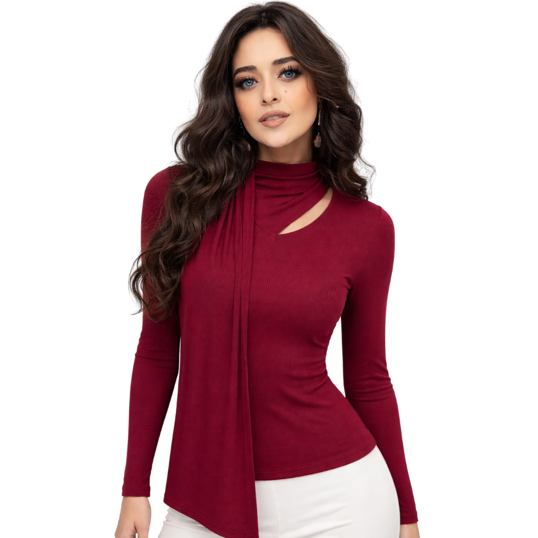 SHEIN Women's Burgundy Ribbed Texture Long Sleeve Fitted Casual BLOUSE