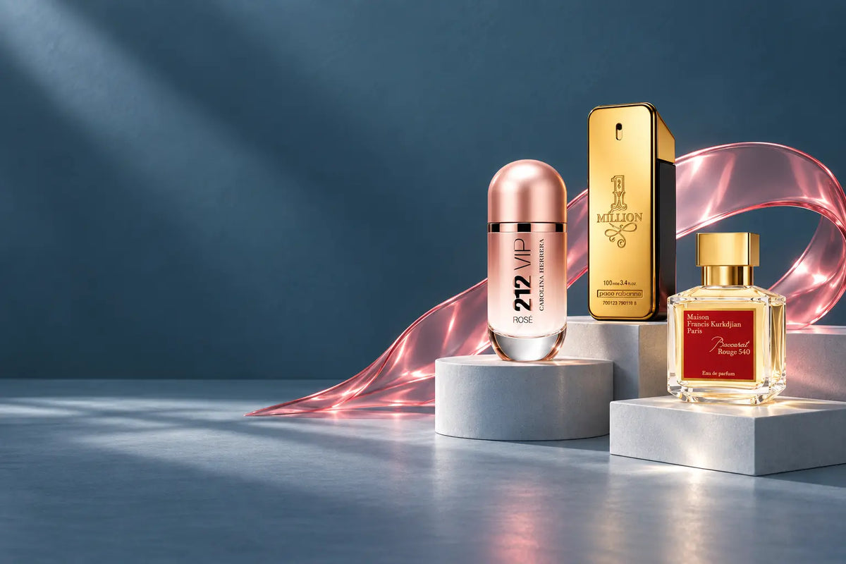 Catwa signature fragrance edit: 212 VIP Rosé, 1 Million and Baccarat Rouge 540 on slate and pink sculptural plinths